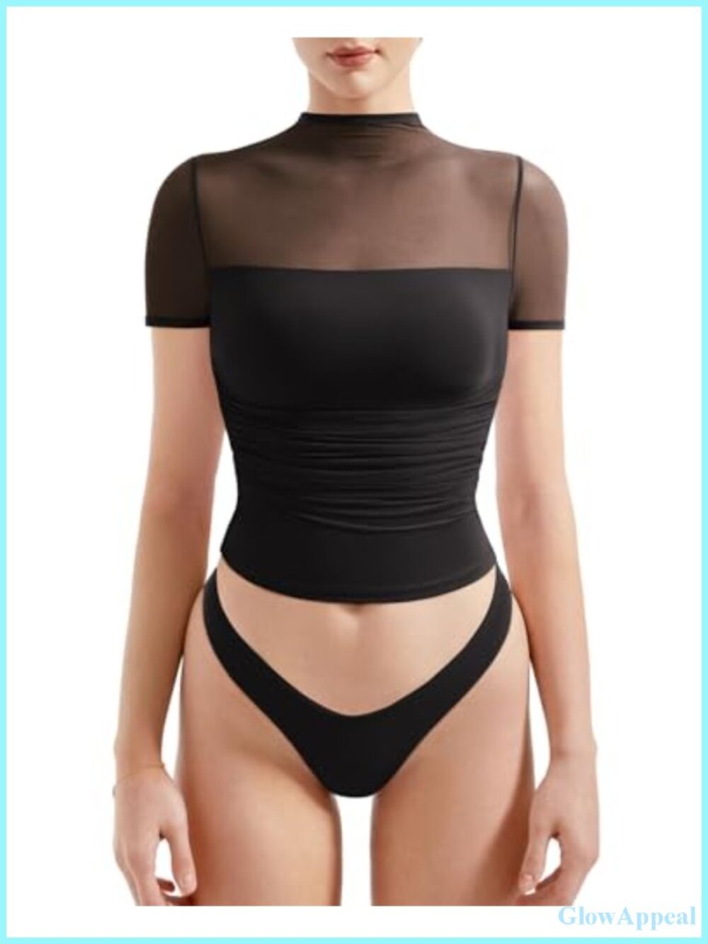 Mesh Sheer Mock Neck Short Sleeve Ruched Crop Top Going Out Shirt